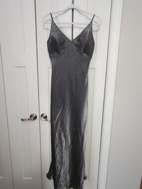 Y2K Elegant Silver Satin Slip Dress with V-Neck And Back-Tie Detail